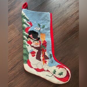 VTG Needlepoint Wool Cotton Christmas Stocking Snowman Red Velvet Back 17”